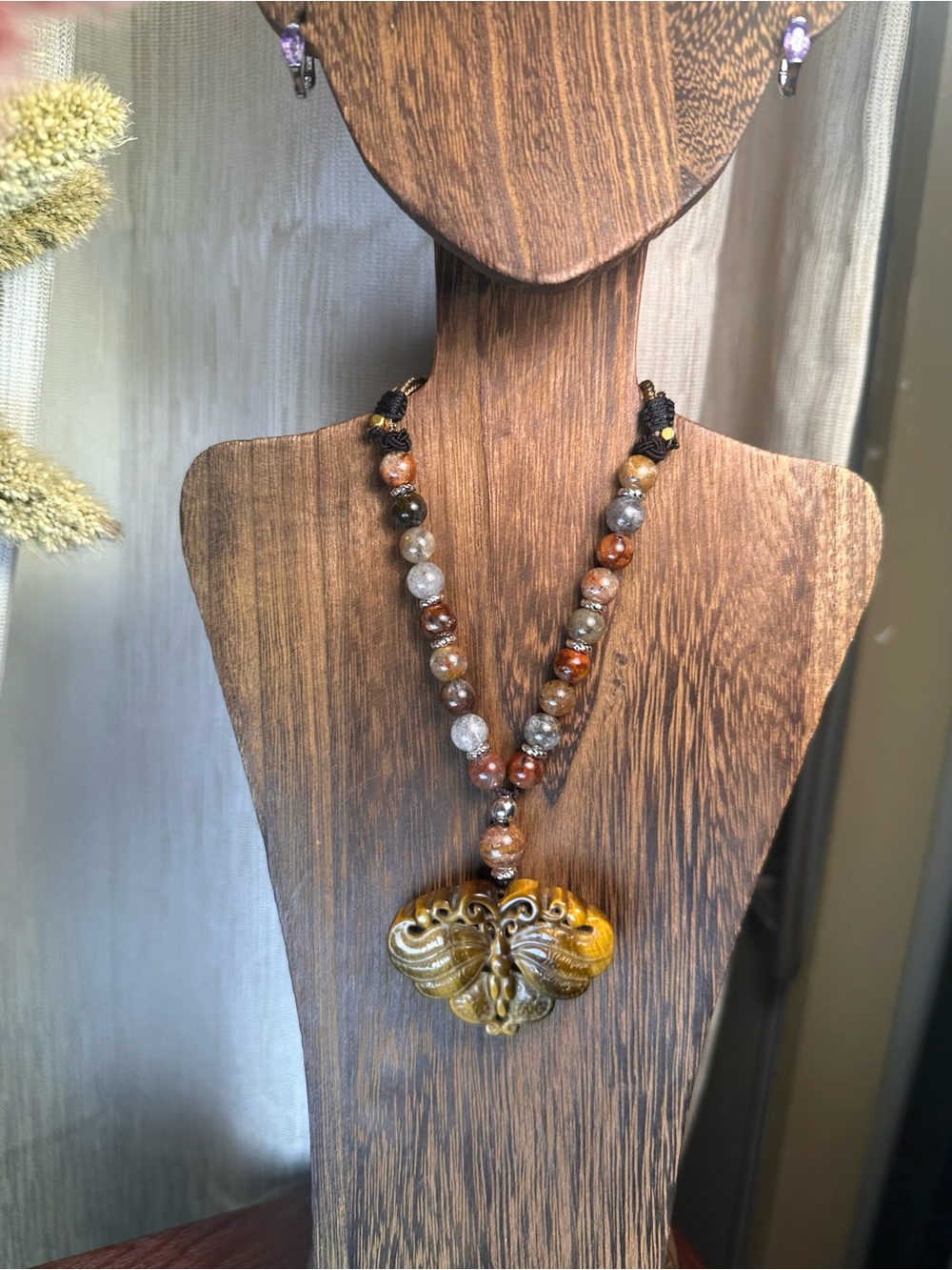 Tiger’s Eye Moth Pendant Necklace on Half Beaded Brown Adjustable Rope - Picture 8 of 15